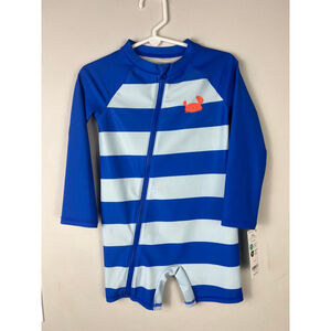 Carter’s 24M Blue Stripe Rash Guard Swimsuit One Piece Zip Crab UPF